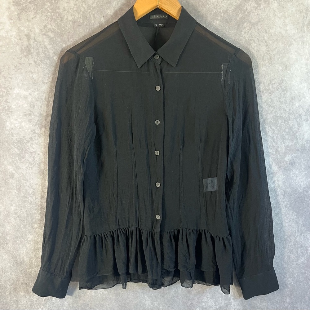 Theory Blouse Womens Small Black Silk Button Top Poetic Old Money Minimalist